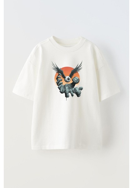 Unisex Kanatlı Göz Tasarım Baskılı Pamuk Beyaz Oversize T-Shirt