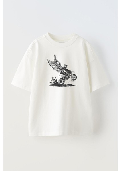 Unisex Kanatlı Motorcu Tasarım Baskılı Pamuk Beyaz Oversize T-Shirt