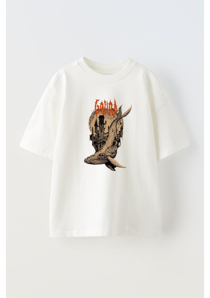 Unisex Köşk Balına Tasarım Baskılı Pamuk Beyaz Oversize T-Shirt