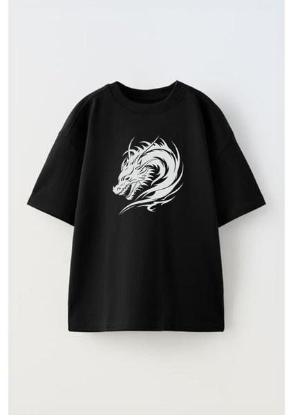 Unisex Dragon Cizim Japon Ejder Tasarım Baskılı Pamuk Sıyah Oversize T-Shirt