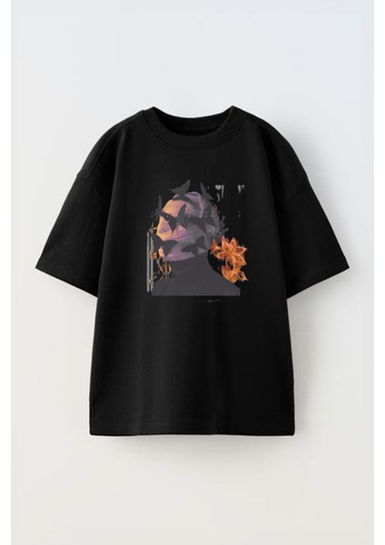 Unisex Illusion Tasarım Baskılı Pamuk Sıyah Oversize T-Shirt