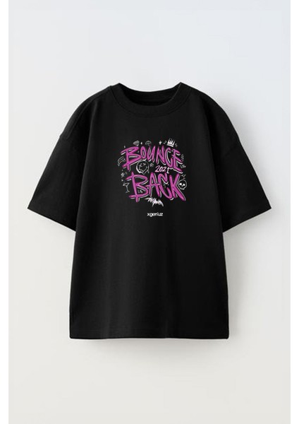 Unisex Bounge Back Tasarım Baskılı Pamuk Sıyah Oversize T-Shirt