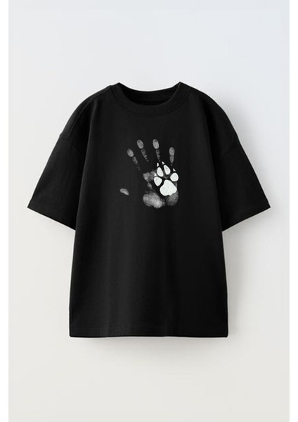 Unisex Kopek ve Insan Izi Tasarım Baskılı Pamuk Sıyah Oversize T-Shirt