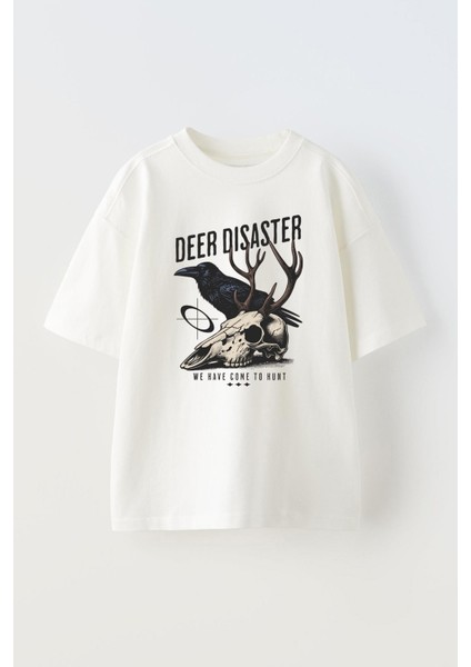 Unisex Skull Deer And Crow Tasarım Baskılı Pamuk Beyaz Oversize T-Shirt