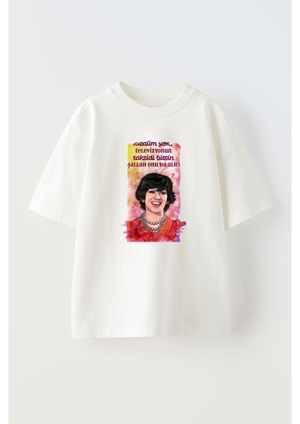Unisex Ayşen Guruda Tasarım Baskılı Pamuk Beyaz Oversize T-Shirt
