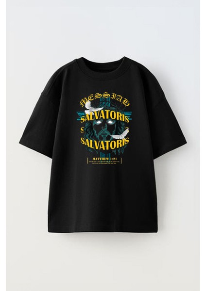 Unisex Salvatorıs Tasarım Baskılı Pamuk Sıyah Oversize T-Shirt
