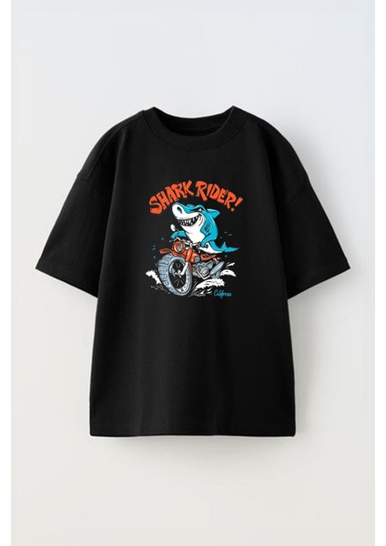 Unisex Shark Rider Motor Köpek Balığı Tasarım Baskılı Pamuk Sıyah Oversize T-Shirt