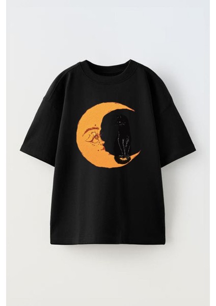 Unisex The Cat And The Moon Tasarım Baskılı Pamuk Sıyah Oversize T-Shirt