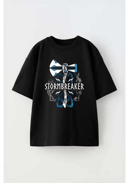 Unisex Thor Stormbreaker Tasarım Baskılı Pamuk Sıyah Oversize T-Shirt