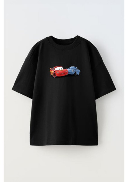 Unisex Cars Sally Tasarım Baskılı Pamuk Sıyah Oversize T-Shirt