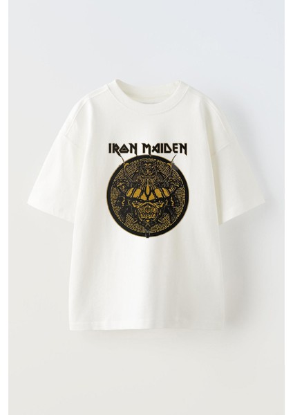 Unisex Iron Maıden Samuray Tasarım Baskılı Pamuk Beyaz Oversize T-Shirt