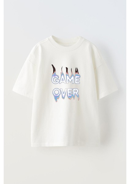 Unisex Game Over Tasarım Baskılı Pamuk Beyaz Oversize T-Shirt