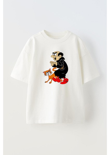 Unisex Gargamel Tasarım Baskılı Pamuk Beyaz Oversize T-Shirt