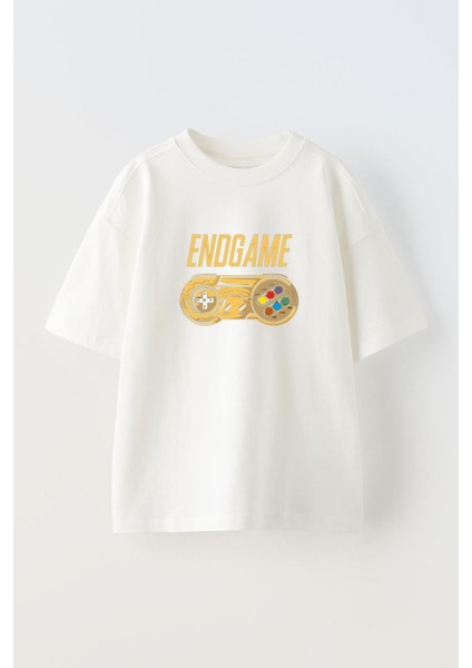 Unisex End Game Oyun Konsolu Tasarım Baskılı Pamuk Beyaz Oversize T-Shirt
