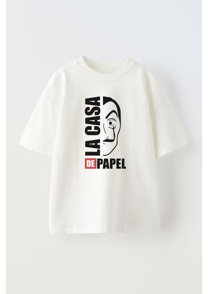 Unisex La Casa De Papel Mask Tasarım Baskılı Pamuk Beyaz Oversize T-Shirt