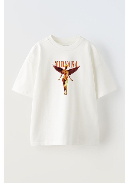 Unisex Nirvana Melek Tasarım Baskılı Pamuk Beyaz Oversize T-Shirt