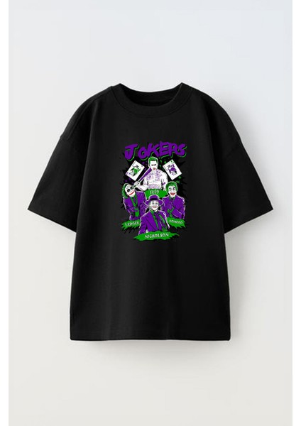 Unisex Jokerler Mor ve Yesil Tasarım Baskılı Pamuk Sıyah Oversize T-Shirt