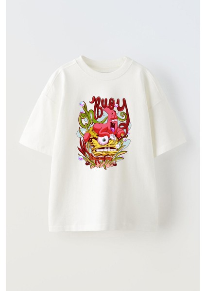 Unisex Sunger Bob Patrick Tasarım Baskılı Pamuk Beyaz Oversize T-Shirt