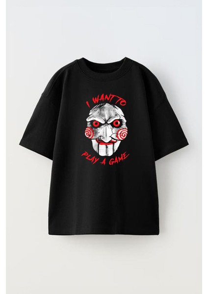 Unisex I Want To Play A Game Tasarım Baskılı Pamuk Sıyah Oversize T-Shirt