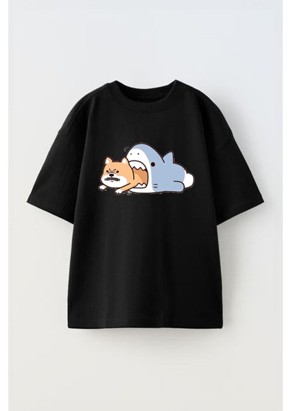 Unisex Köpekbalıgından Çıkan Köpek Tasarım Baskılı Pamuk Sıyah Oversize T-Shirt