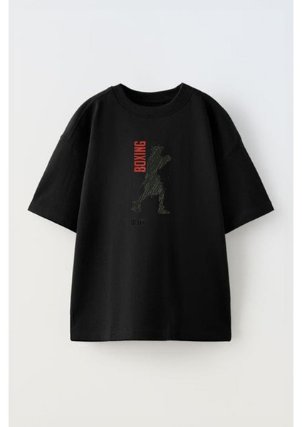 Unisex Boxing Blıtz Tasarım Baskılı Pamuk Sıyah Oversize T-Shirt