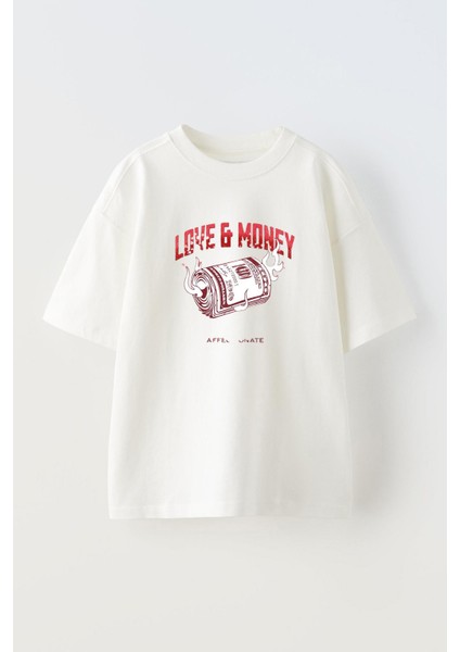 Unisex Love And Money Tasarım Baskılı Pamuk Beyaz Oversize T-Shirt