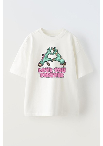 Unisex Love You Forever Tasarım Baskılı Pamuk Beyaz Oversize T-Shirt