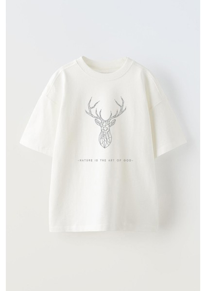 Unisex Geyik Natureıs The Art Of God Tasarım Baskılı Pamuk Beyaz Oversize T-Shirt
