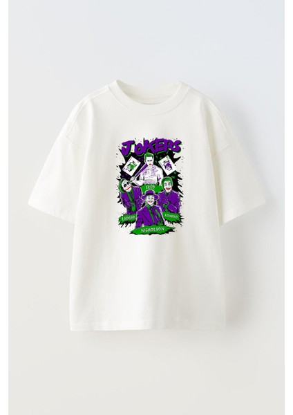 Unisex Jokerler Mor ve Yesil Tasarım Baskılı Pamuk Beyaz Oversize T-Shirt