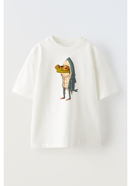 Unisex Köpekbalıgı Kostumu Giymis Kurbaga Tasarım Baskılı Pamuk Beyaz Oversize T-Shirt