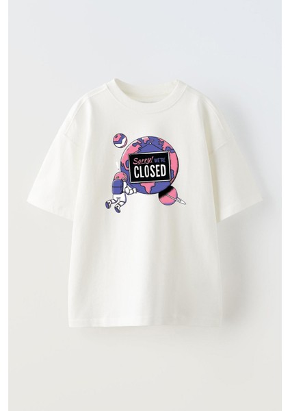 Unisex Sorry Were Closed Tasarım Baskılı Pamuk Beyaz Oversize T-Shirt