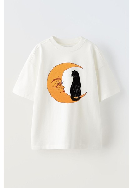Unisex The Cat And The Moon Tasarım Baskılı Pamuk Beyaz Oversize T-Shirt