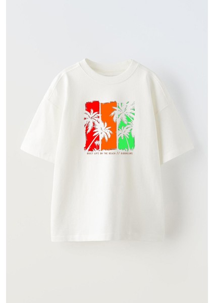 Unisex Beach Life Tasarım Baskılı Pamuk Beyaz Oversize T-Shirt