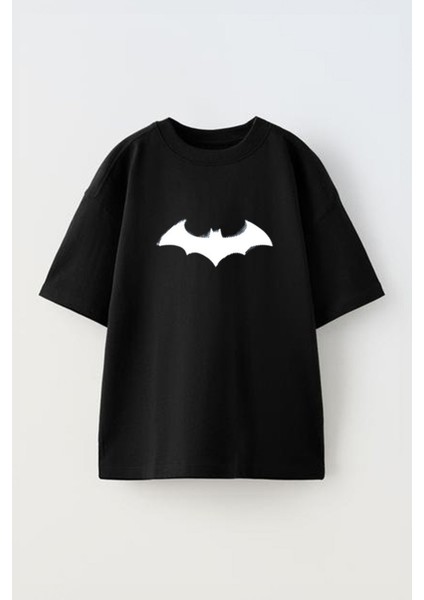 Unisex Batman Yarasa Tasarım Baskılı Pamuk Sıyah Oversize T-Shirt