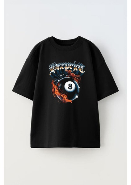 Unisex Bilardo Topu Tasarım Baskılı Pamuk Sıyah Oversize T-Shirt