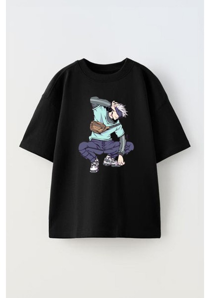 Unisex Satoru Gojo Jujutsu Kaisen Anime Tasarım Baskılı Pamuk Sıyah Oversize T-Shirt