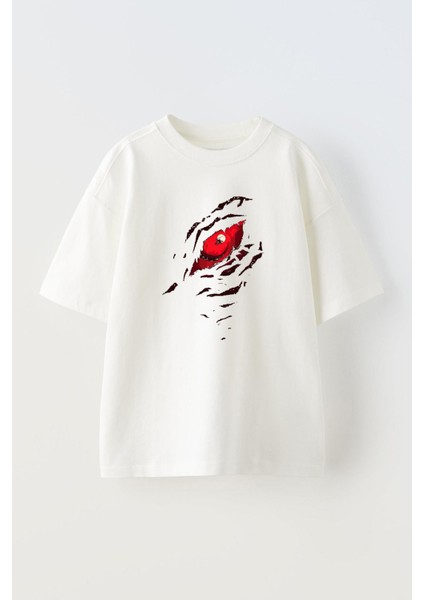 Unisex Kırmızı Göz ve Helikopter Tasarım Baskılı Pamuk Beyaz Oversize T-Shirt