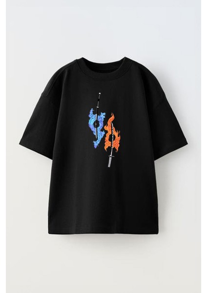 Unisex Mavi ve Turuncu Samuray Kılılcı Tasarım Baskılı Pamuk Sıyah Oversize T-Shirt