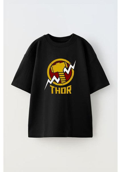 Unisex Thor Zeus Tasarım Baskılı Pamuk Sıyah Oversize T-Shirt
