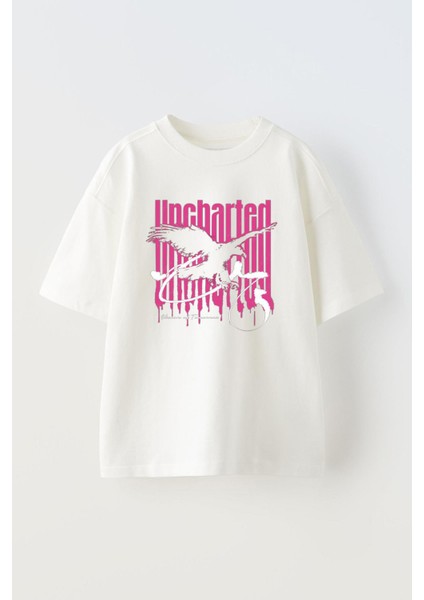Unisex Uncharted Kartal Tasarım Baskılı Pamuk Beyaz Oversize T-Shirt