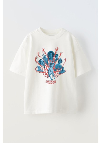 Unisex Stranger Thıngs Yüzler Tasarım Baskılı Pamuk Beyaz Oversize T-Shirt