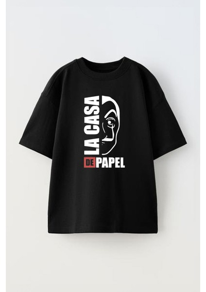 Unisex La Casa De Papel Mask Tasarım Baskılı Pamuk Sıyah Oversize T-Shirt