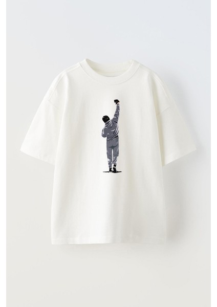 Unisex Rocky Balboa Winning Tasarım Baskılı Pamuk Beyaz Oversize T-Shirt