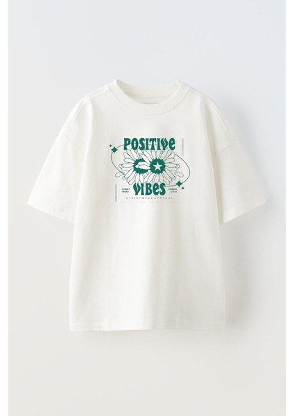 Unisex Posıtıve Vibes Tasarım Baskılı Pamuk Beyaz Oversize T-Shirt
