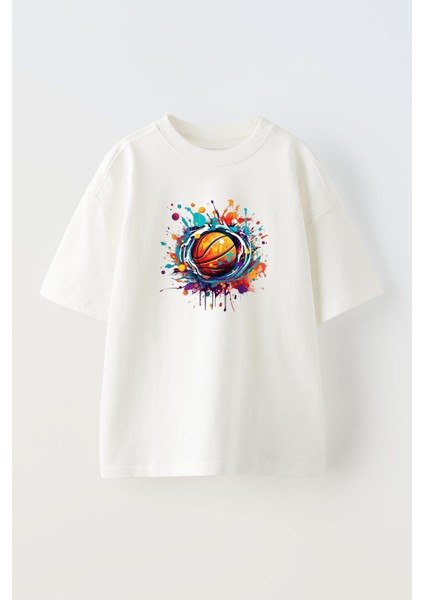 Unisex Renklı Basketbol Topu Tasarım Baskılı Pamuk Beyaz Oversize T-Shirt