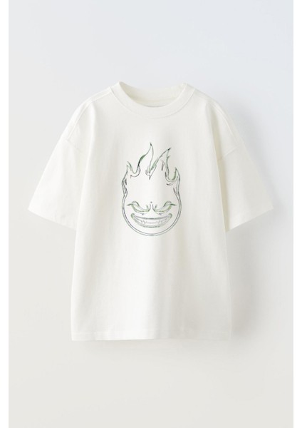 Unisex Yanan Alev Topu Yüzü Tasarım Baskılı Pamuk Beyaz Oversize T-Shirt