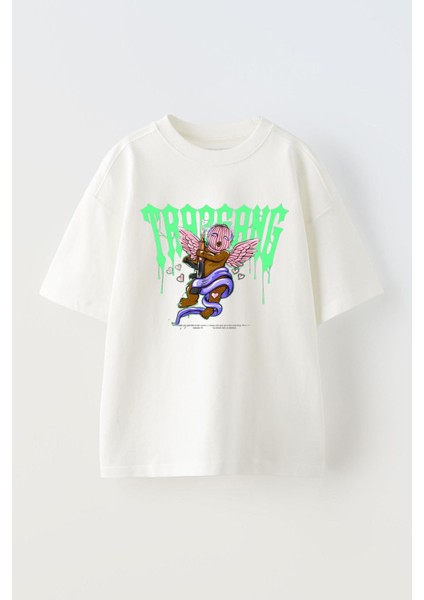 Unisex Trargang Tasarım Baskılı Pamuk Beyaz Oversize T-Shirt