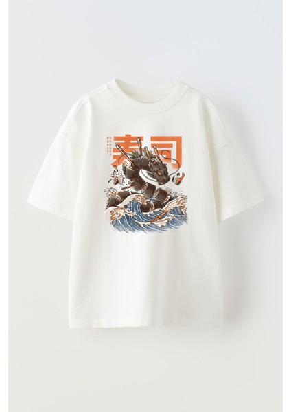 Unisex Sushi Dragon Tasarım Baskılı Pamuk Beyaz Oversize T-Shirt