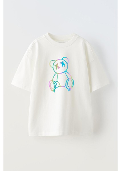Unisex Renklı Ayı Tasarım Baskılı Pamuk Beyaz Oversize T-Shirt