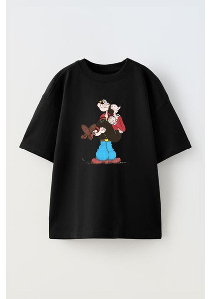 Unisex Temel Reis ve Safinaz Tasarım Baskılı Pamuk Sıyah Oversize T-Shirt
